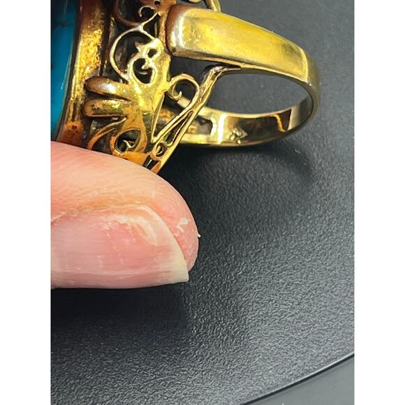 Vintage Designer Sterling Vermeil Turquoise Filigree Chunky Statement Ring Sz 7 - Picture 10 of 15